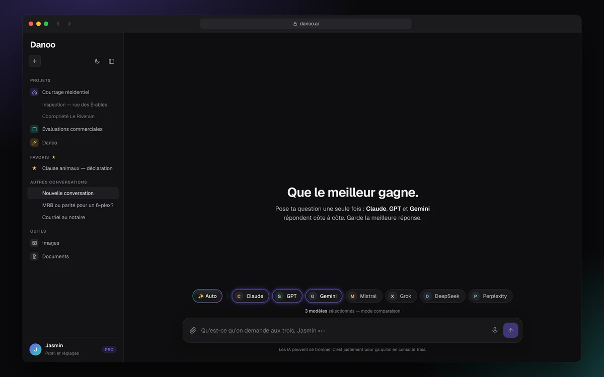 Accueil de Danoo.ai : « Que le meilleur gagne. », trois modèles cochés (Claude, GPT et Gemini) en mode comparaison, et la barre latérale des projets